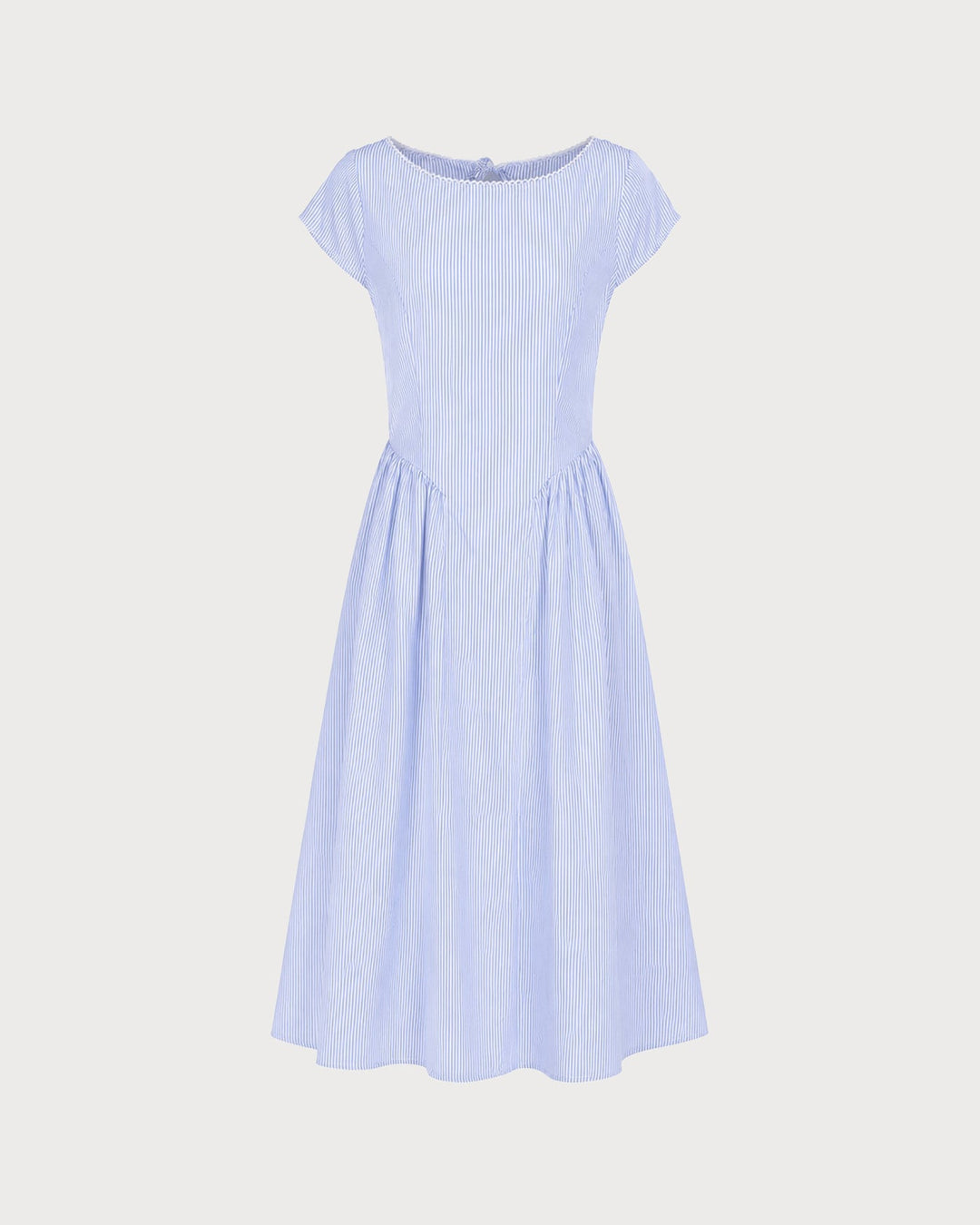 Blue Boat Neck Shirred Midi Dress