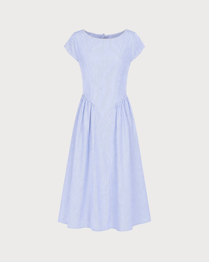 Blue Boat Neck Shirred Midi Dress