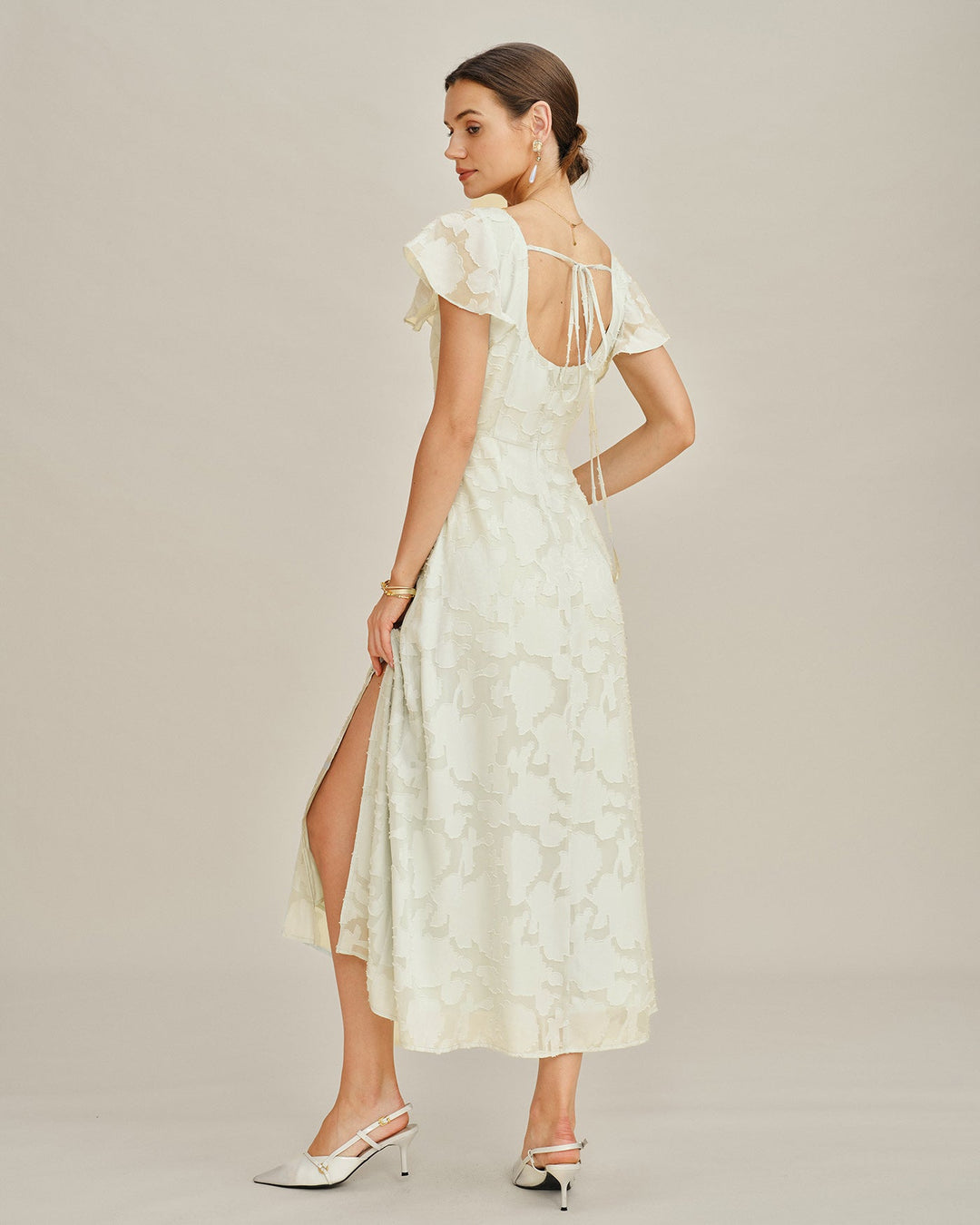 Beige Square Neck Jacquard Midi Dress