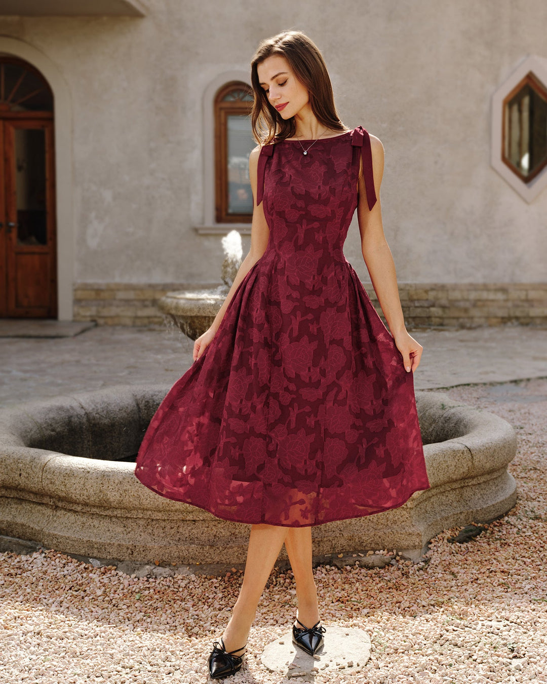 Red Jacquard Chiffon Midi Dress