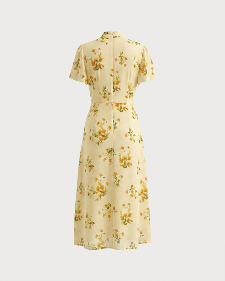 Yellow Turtle Butterfly Sleeve Floral Midi Dress