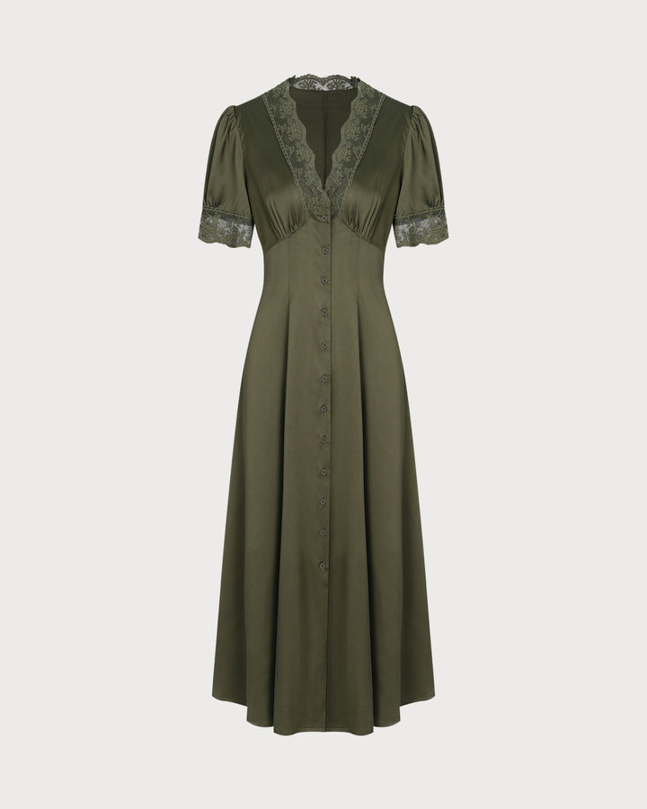 Green Lace Satin Midi Dress