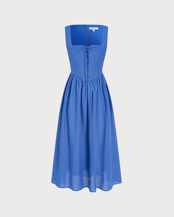 Blue Square Neck Tie Pockets Midi Dress