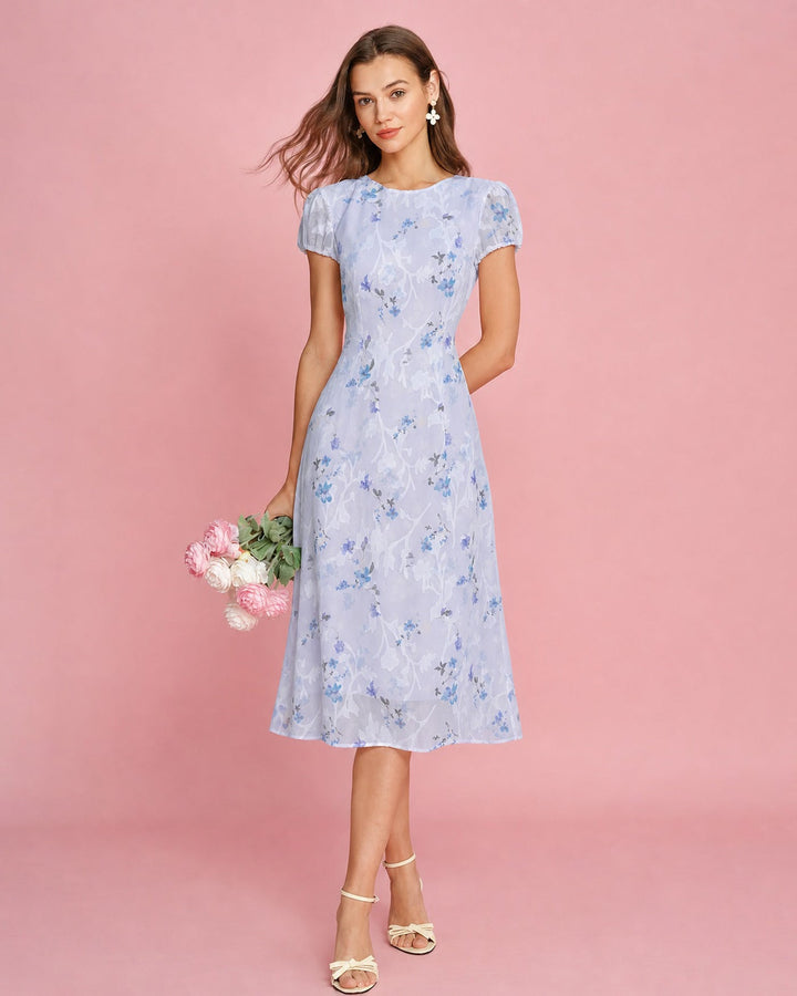 Purple Puffed Sleeve Jacquard Midi Dress
