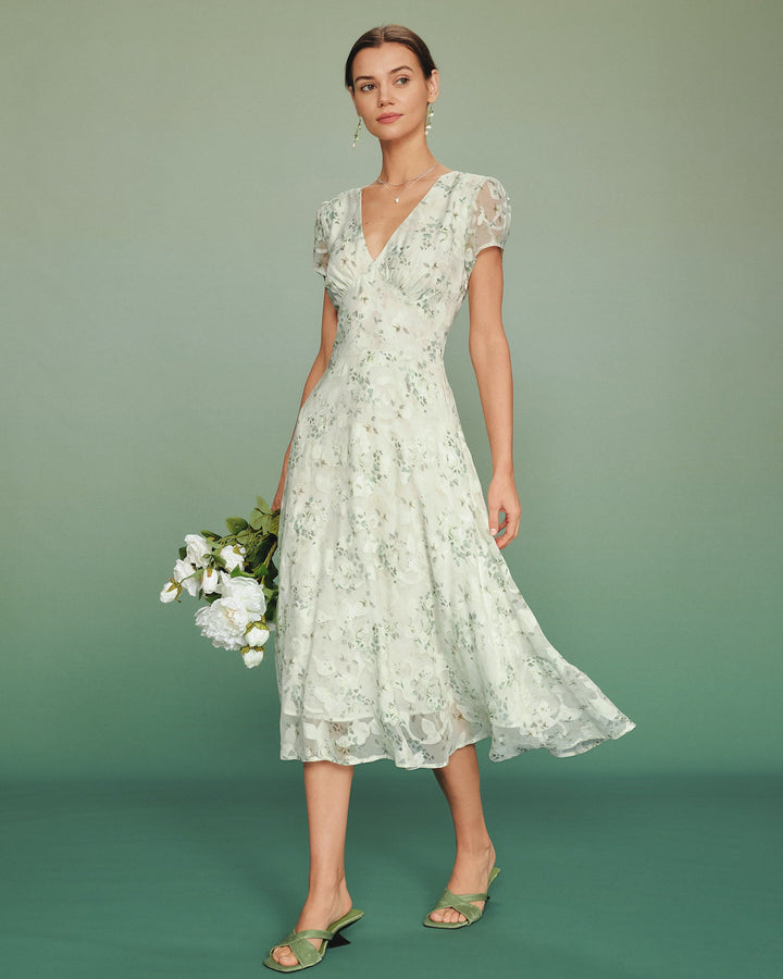 Green Puffed Sleeve Floral Tunic Midi Dress