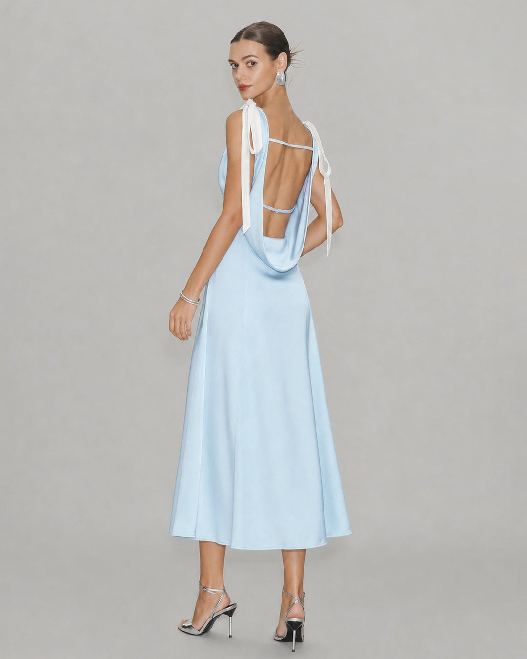 Blue V Neck Cut Out Satin Midi Dress