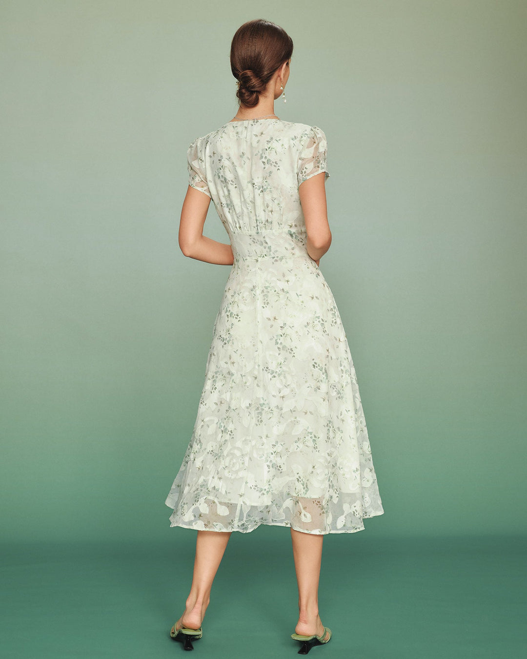 Green Puffed Sleeve Floral Tunic Midi Dress