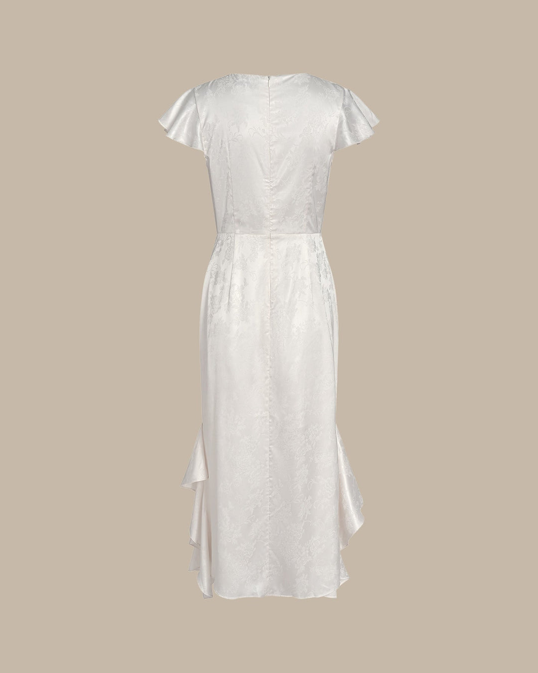 Beige Boat Neck Jacquard Ruffle Midi Dress