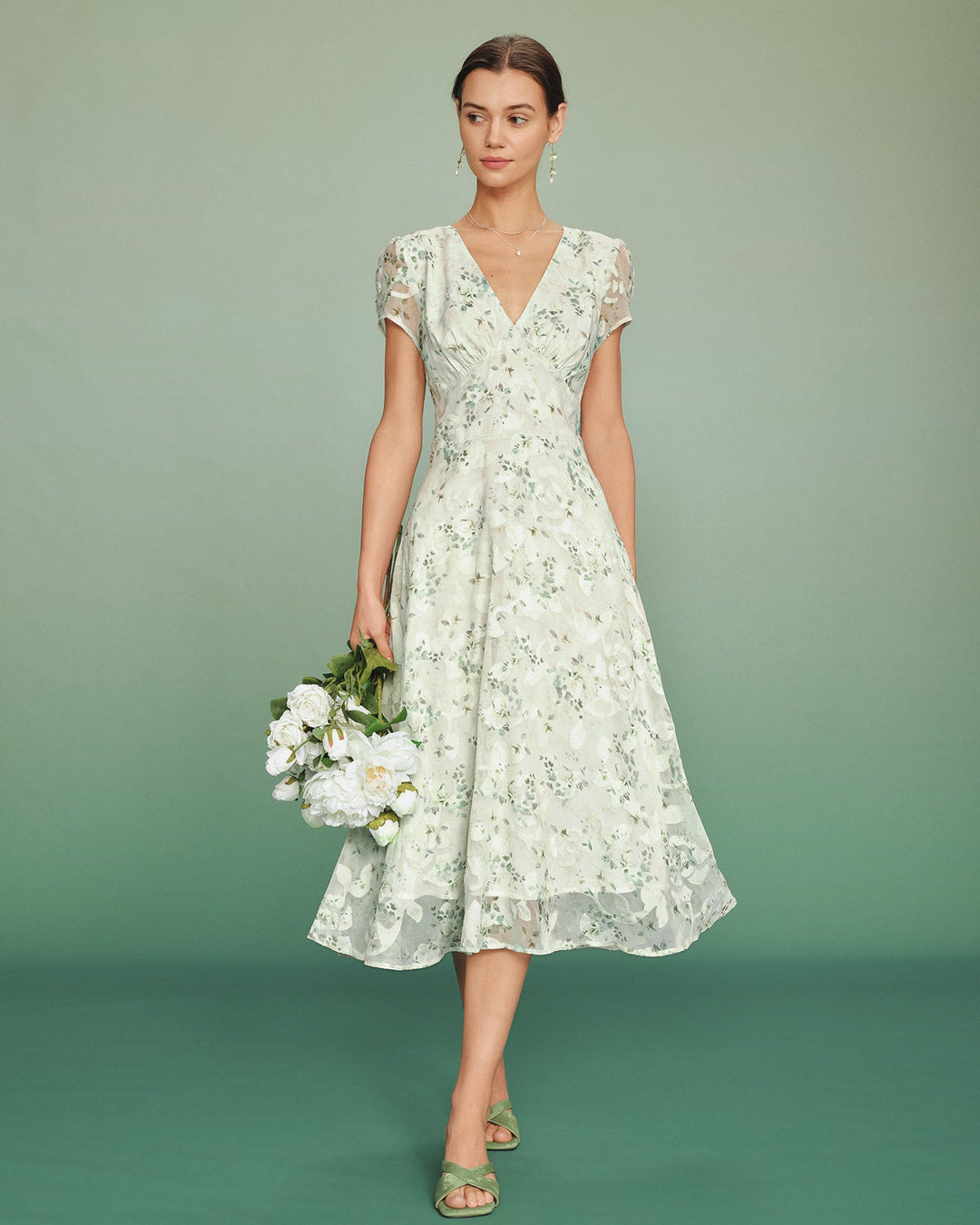 Green Puffed Sleeve Floral Tunic Midi Dress