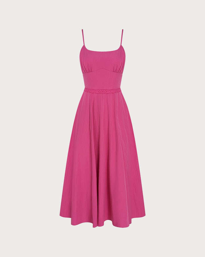 Pink Lace Pockets Slip Midi Dress