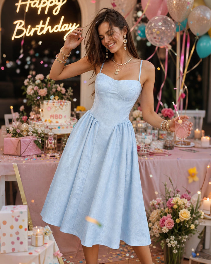 Blue Jacquard Pockets Slip Midi Dress
