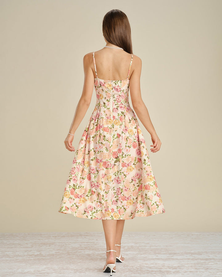 Floral Ruched Slip A-Line Midi Dress