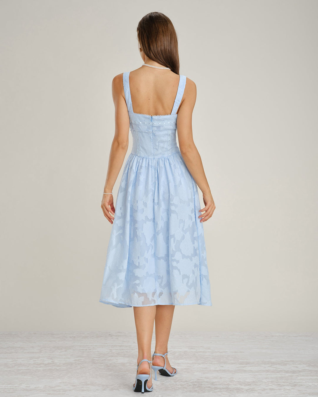 Blue Square Neck Lace Jacquard Midi Dress