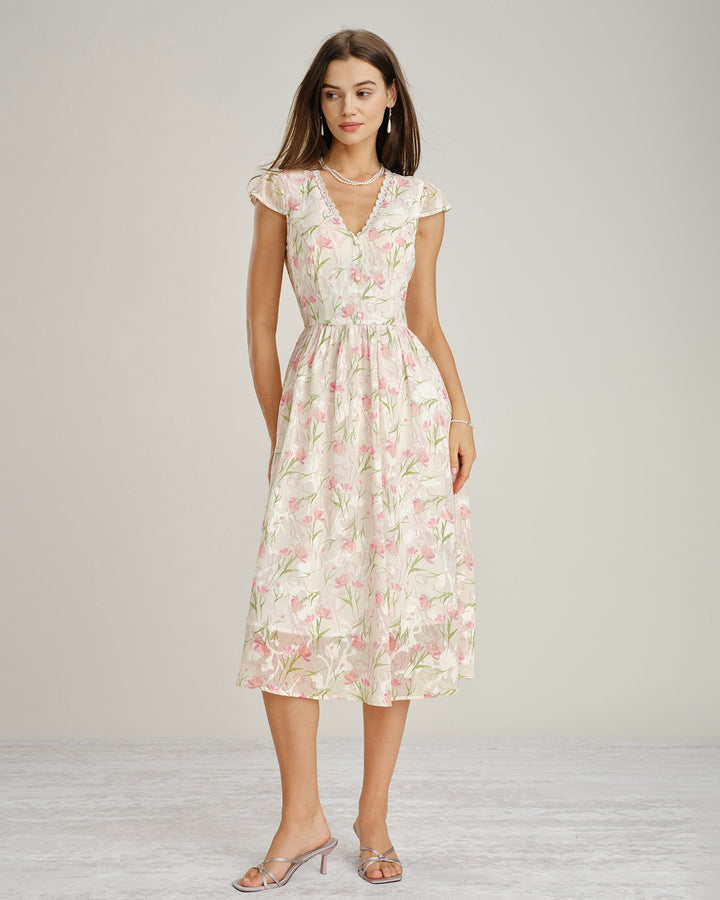 Pink V Neck Lace Floral Midi Dress