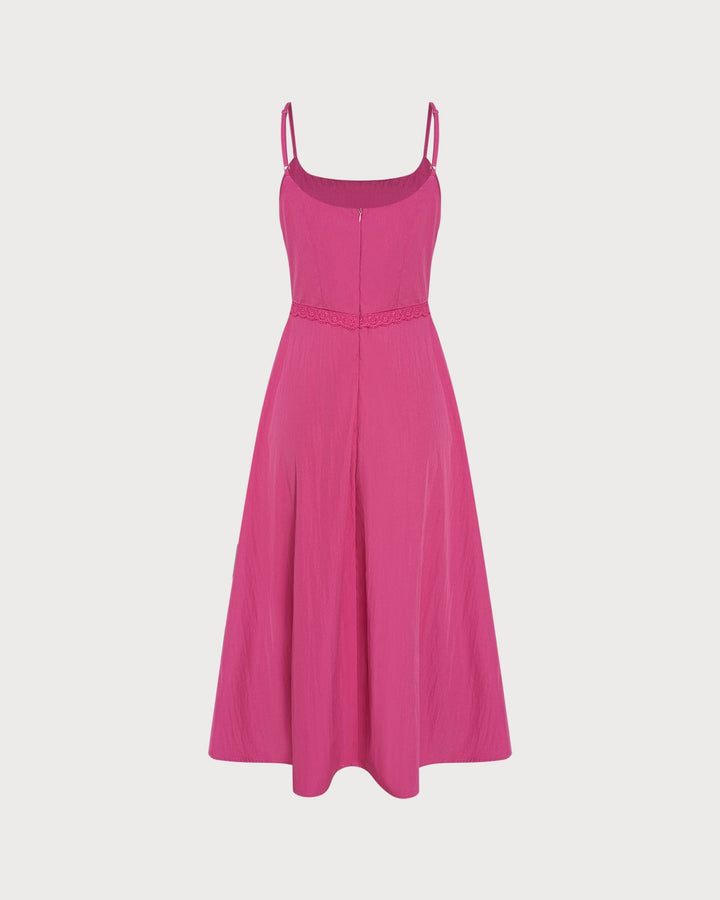 Pink Lace Pockets Slip Midi Dress