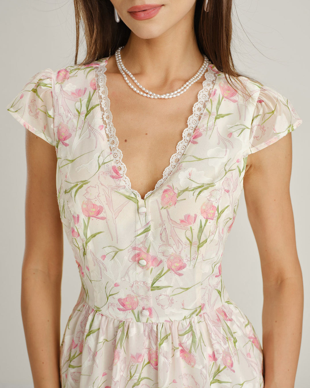Pink V Neck Lace Floral Midi Dress