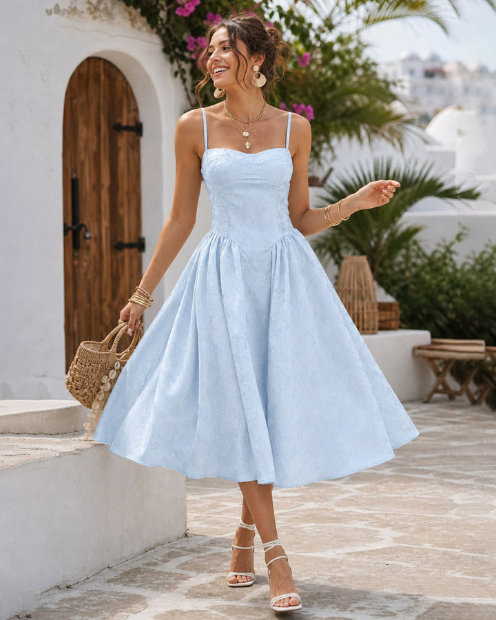 Blue Jacquard Pockets Slip Midi Dress