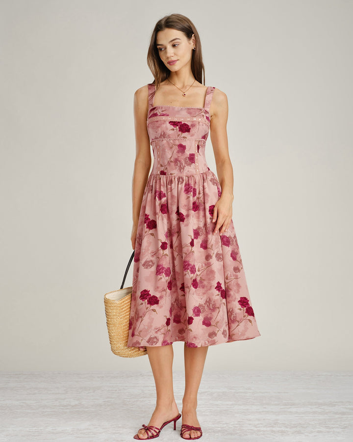 Pink Square Neck Lace Floral Midi Dress
