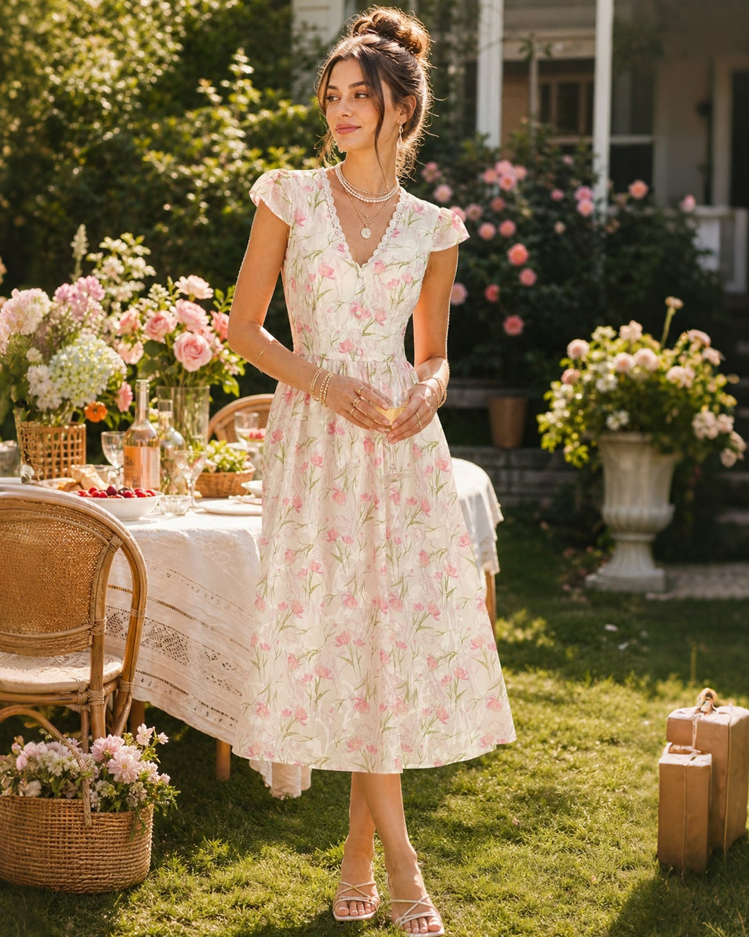 Pink V Neck Lace Floral Midi Dress