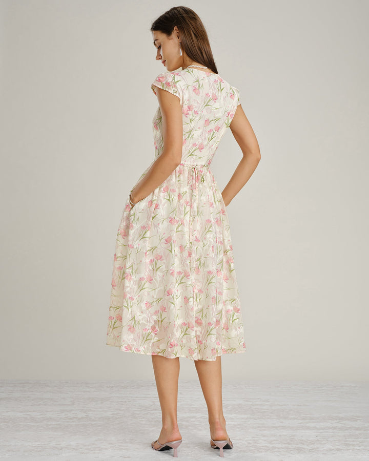 Pink V Neck Lace Floral Midi Dress