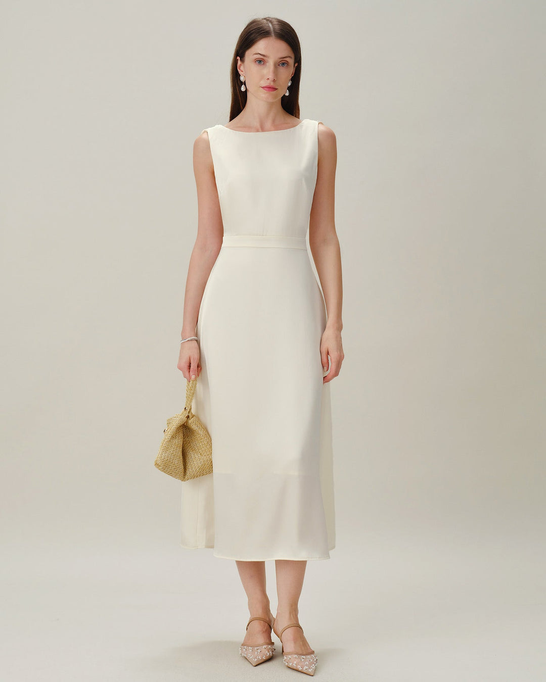 Apricot Boat Neck Pearl Satin Midi Dress