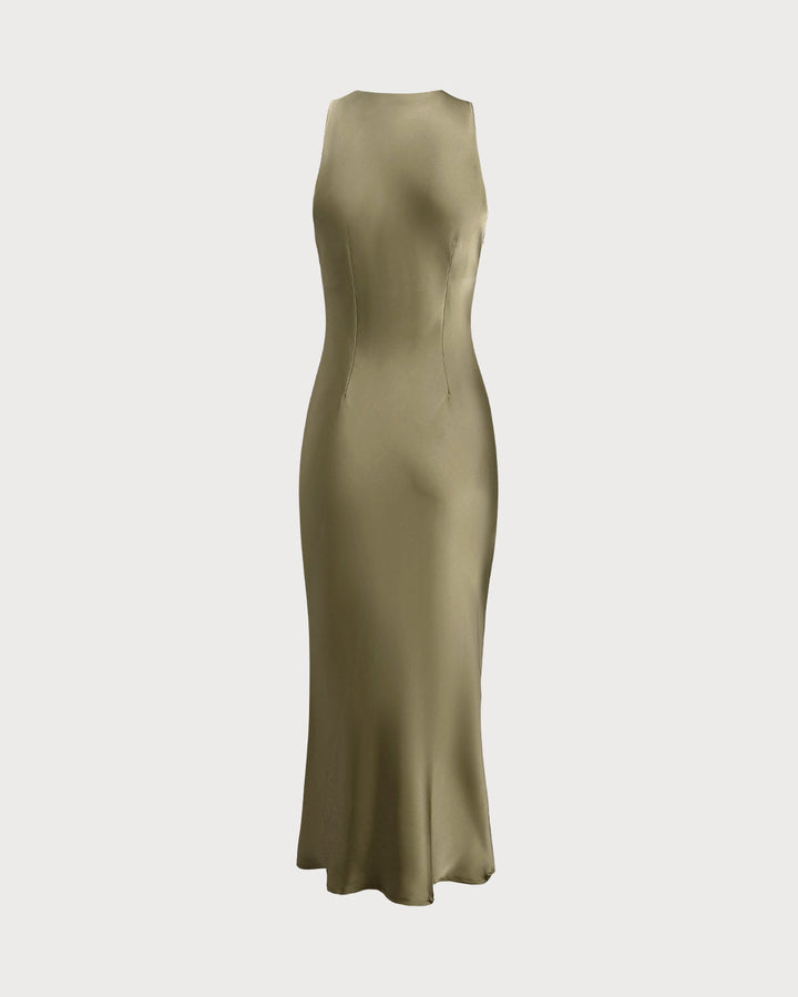 Green Satin Boat Neck Slip Midi Dress