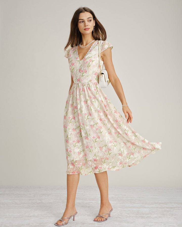 Pink V Neck Lace Floral Midi Dress