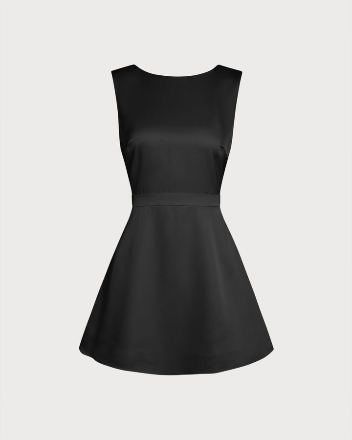 Black Boat Neck Pearl A-Line Mini Dress