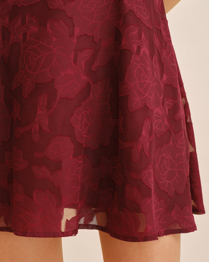 Wine Red Square Neck Jacquard Mini Dress