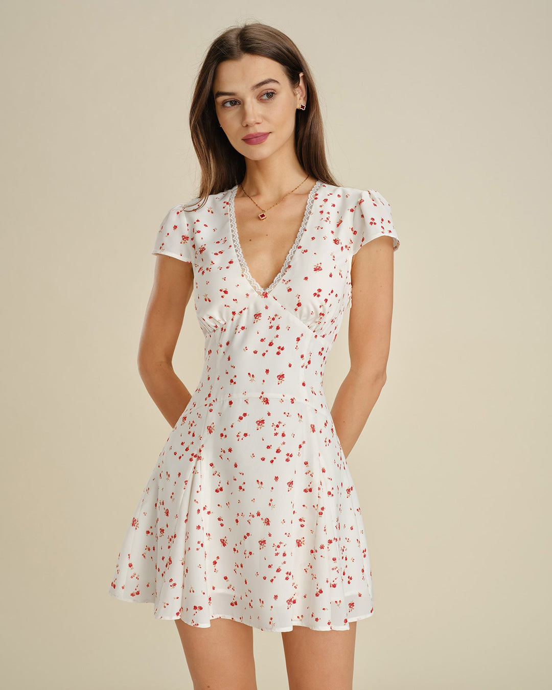 Off White V Neck Lace Floral Mini Dress