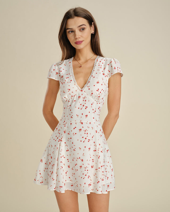 Off White V Neck Lace Floral Mini Dress