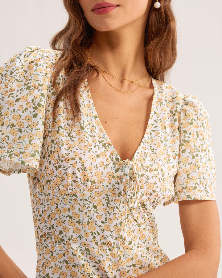 Yellow Floral V-Neck Mini Dress