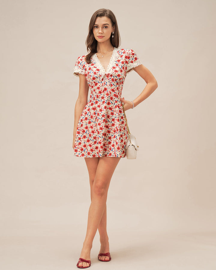 Red V Neck Floral Lace Mini Dress