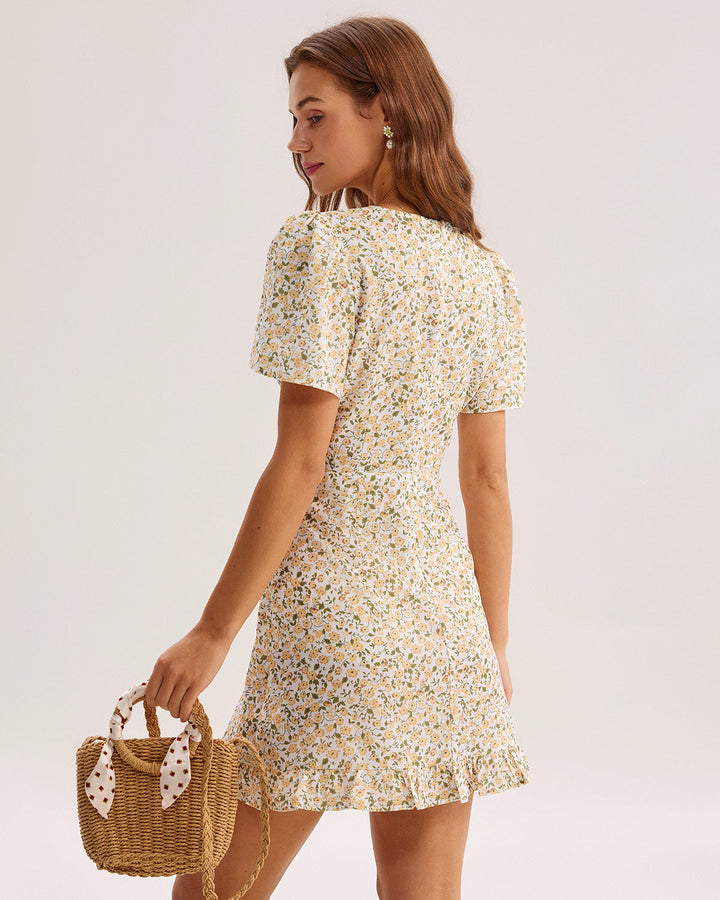 Yellow Floral V-Neck Mini Dress