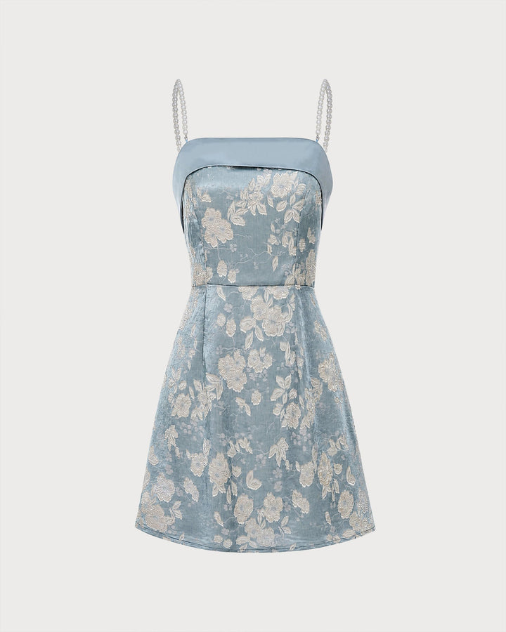 Blue Square Neck Pearl Jacquard Mini Dress