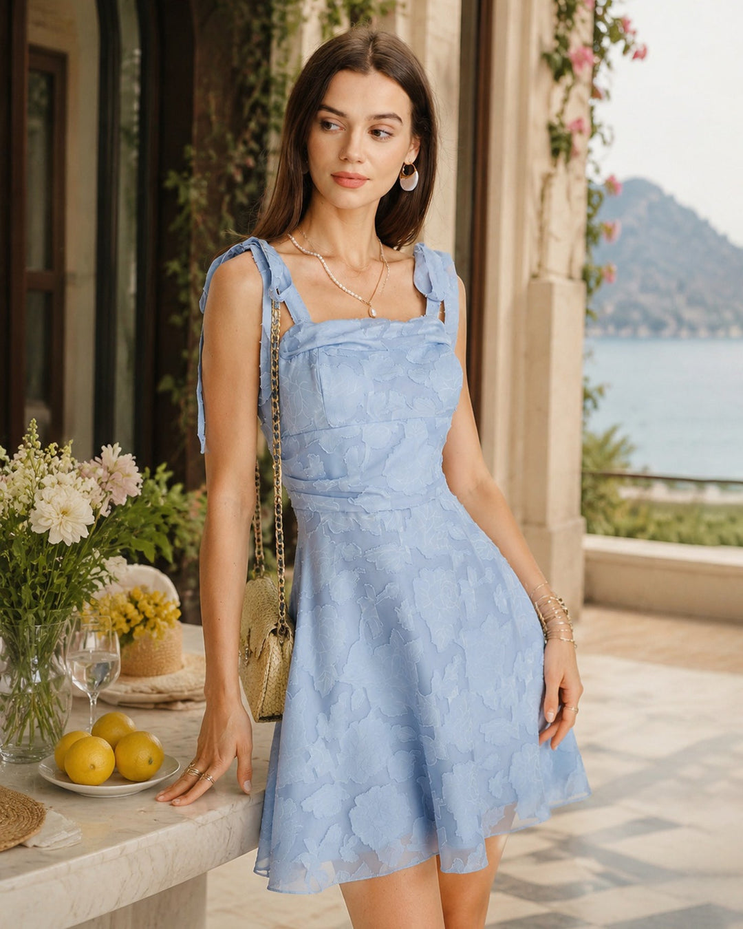Blue Square Neck Tie Strap Jacquard Mini Dress